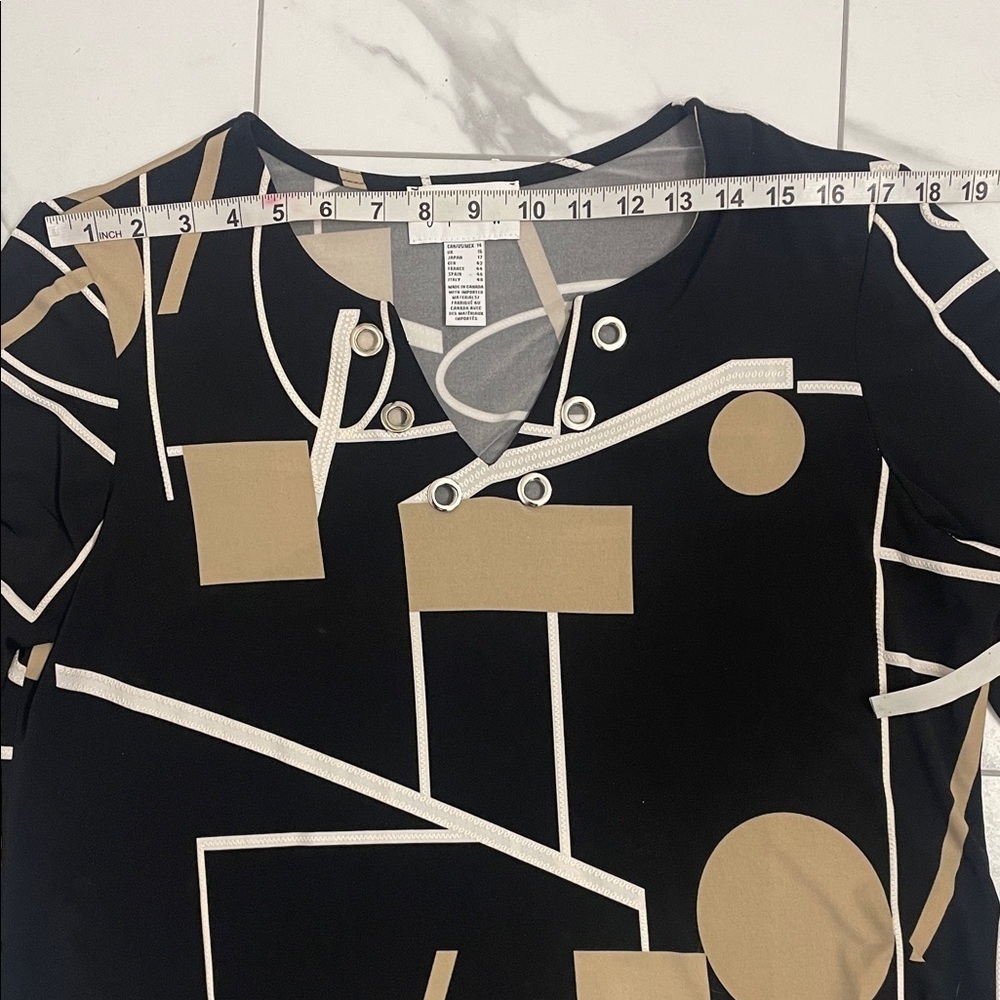 Joseph Ribkoff Black/Tan Geometric Blouse/Tunic V Neck 3/4 Sleeve Sz US14 - Picture 10 of 15